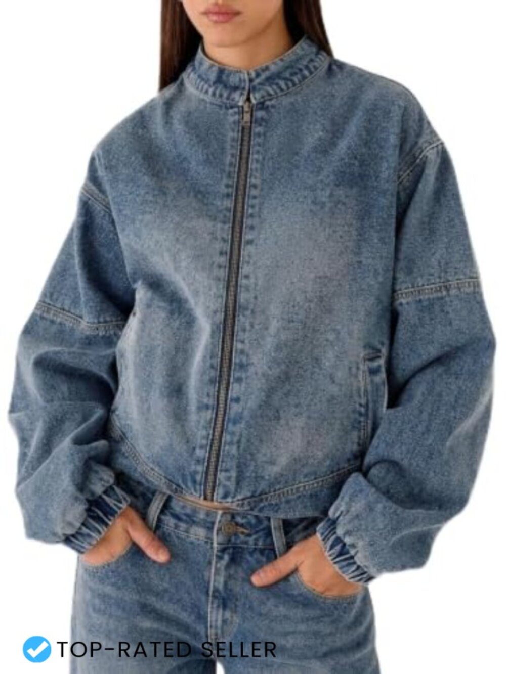 Oversized Fit Mid Wash Denim Bomber Jacket with Front Zip